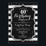 Convites aniversário de 40 anos - Tiras brancas pretas prat<br><div class="desc">Convite para aniversário de 40 anos. Design preto elegante com falso prata. Listras pretas e brancas com diamantes brilhantes confetti. Perfeito para uma bolsa mensageifesta de aniversario elegante.</div>