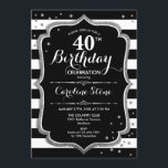 Convites aniversário de 40 anos - Tiras brancas pretas prat<br><div class="desc">Convite para aniversário de 40 anos. Design preto elegante com falso prata. Listras pretas e brancas com diamantes brilhantes confetti. Perfeito para uma bolsa mensageifesta de aniversario elegante.</div>