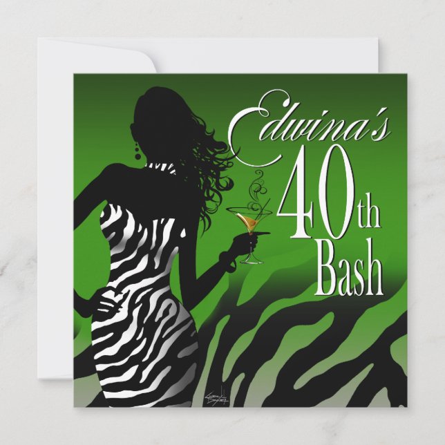 Convites aniversário de 40 anos Verde da Bomba Zebra Edwina (Frente)