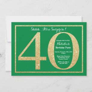 Convites aniversário de 40 anos verde e brilho Dourado sur