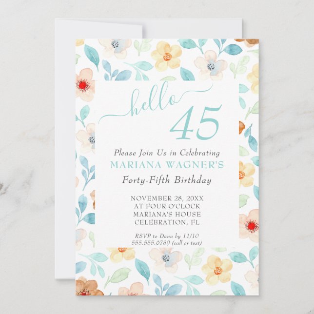 Convites Aniversário de 45 anos em Script Elegante Floral A (Frente)