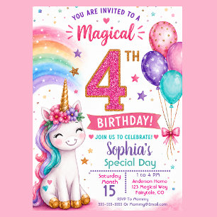 Convites Aniversário de 4 anos da Menina Unicórnio Mágico