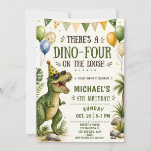 Convites Aniversário de 4 anos do Dinossauro Engraçado - An