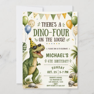 Convites Aniversário de 4 anos do Dinossauro Engraçado - An