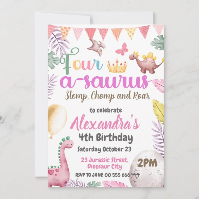 Convites Aniversário de 4 anos do Dinossauro: Festa Quatro- (Frente)