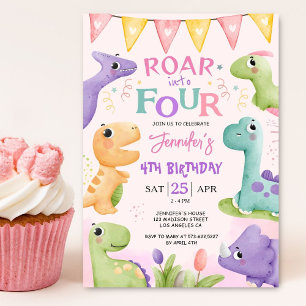 Convites Aniversário de 4 anos do Dinossauro Rosa Fofo Rugi