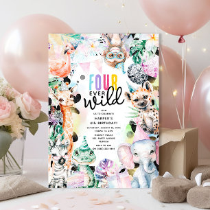 Convites Aniversário de 4 anos FOUR Ever Wild Pastel Safari