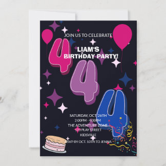 Convites Aniversário de 4 anos Vibrante | Confetes Rosa Azu