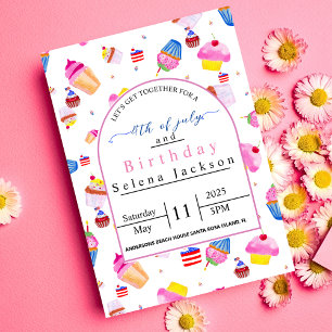 Convites Aniversário de 4 de julho  cupcake rosa com bandei