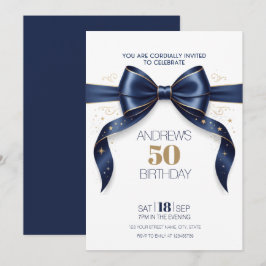 Convites Aniversário de 50 anos Azul Dourado Laço Elegante