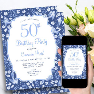 Convites Aniversário de 50 anos Azul Floral Feminino Elegan