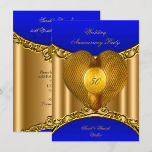 Convites Aniversário de 50 anos Azul Real Dourado Coração D