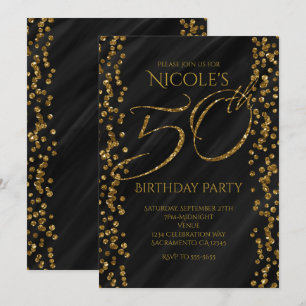 Convites Aniversário de 50 anos Black & Faux Gold Glitter G