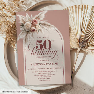Convites Aniversário de 50 anos Boho Dusty Rose Pampas Flor