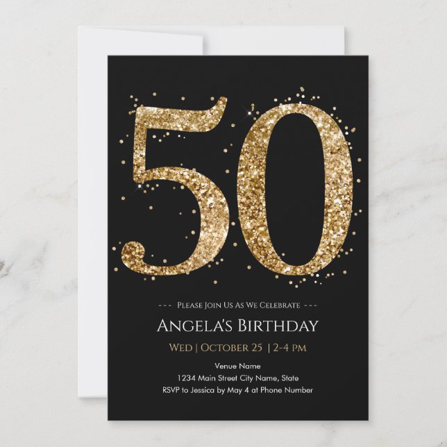 Convites Aniversário de 50 anos com Brilho Dourado (Frente)