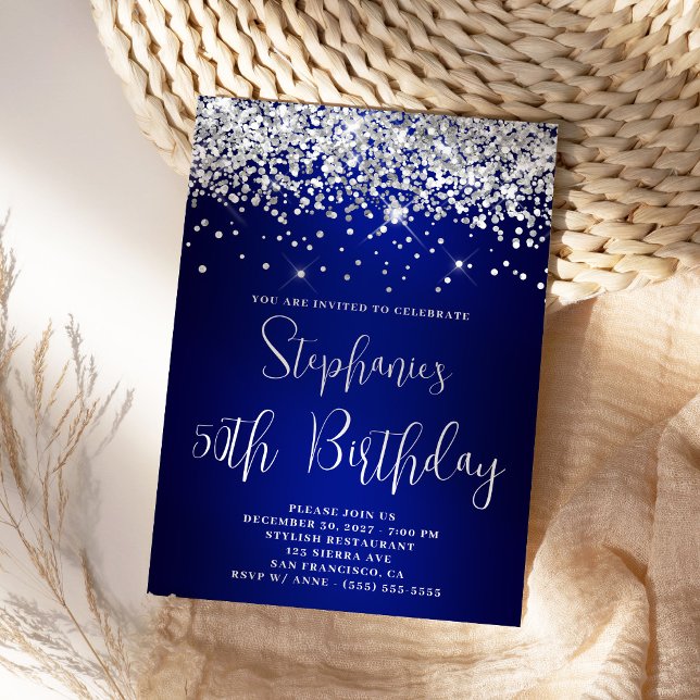 Convites Aniversário de 50 anos com Brilho Prateado e Ombre (Silver and Blue Birthday Invite)