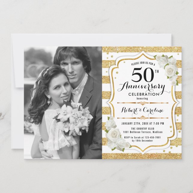 Convites Aniversário de 50 anos com Foto - Dourado Branco (Frente)