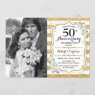 Convites Aniversário de 50 anos com Foto - Dourado Branco