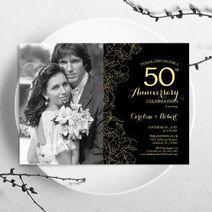 Convites Aniversário de 50 anos com foto - Floral Preto Dou