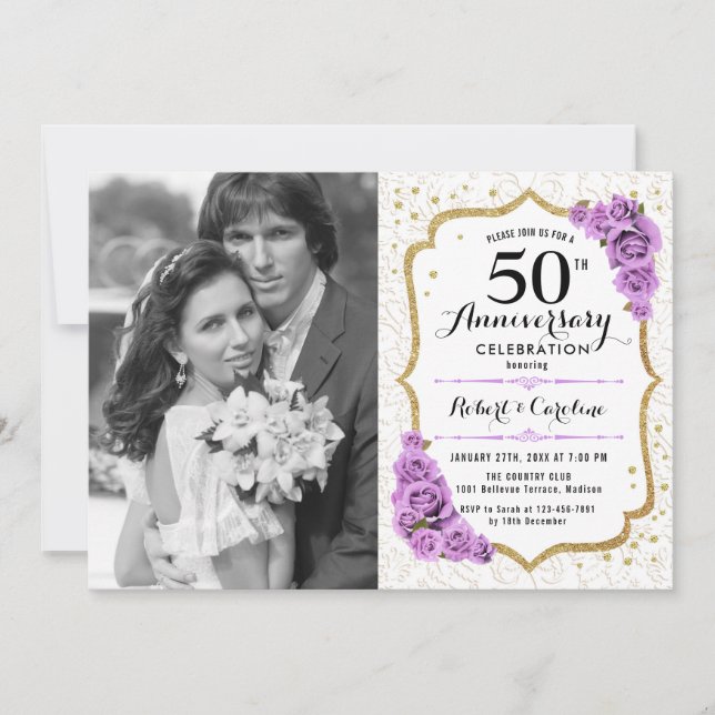 Convites Aniversário de 50 anos com Foto - Ouro Branco Roxo (Frente)