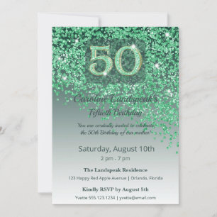 Convites Aniversário de 50 anos com Glitter Verde de Coraçã