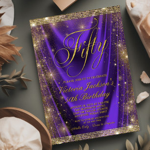 Convites Aniversário de 50 anos da Mulher Glam Purple Gold