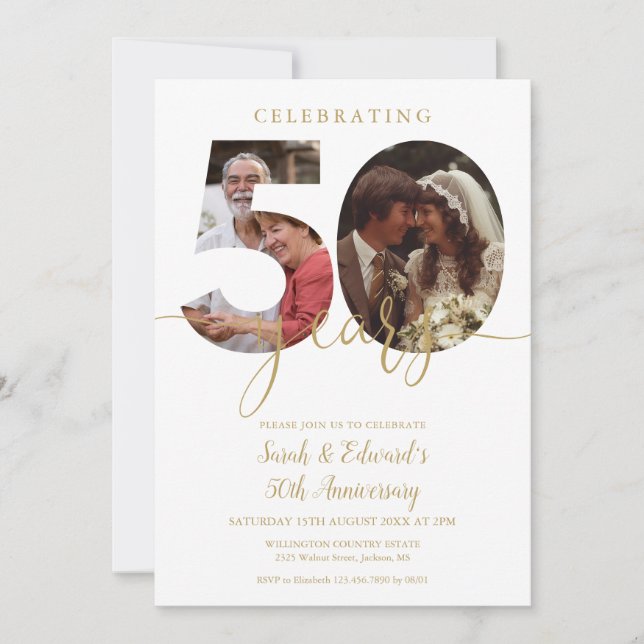 Convites Aniversário de 50 anos de Casamento 2 Fotos Dourad (Frente)