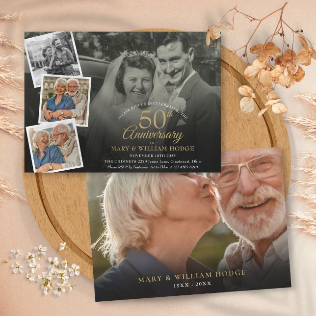 Convites Aniversário de 50 anos de Casamento 5 Colagem de F (50th Wedding Anniversary 5 Photo Collage Invitation)