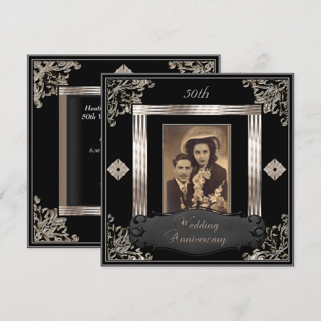 Convites Aniversário de 50 anos de Casamento Art Déco Preto (Frente/Verso)