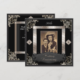 Convites Aniversário de 50 anos de Casamento Art Déco Preto