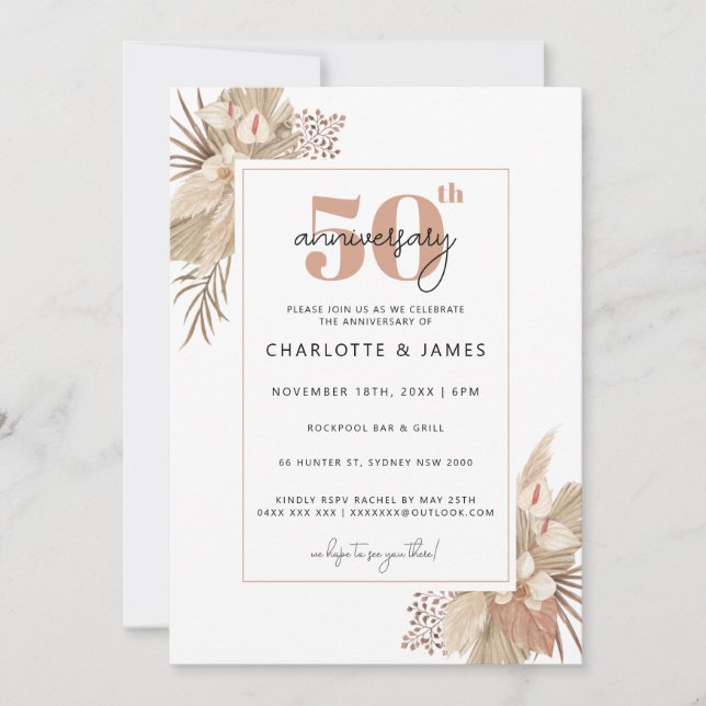 Convites Aniversário de 50 anos de casamento Boho Pampass G (Frente)