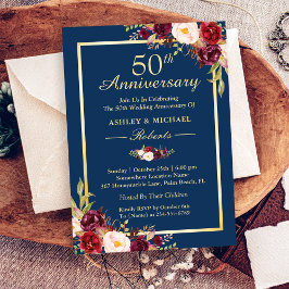 Convites Aniversário de 50 anos de Casamento Burgundy Flora