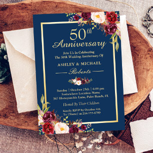 Convites Aniversário de 50 anos de Casamento Burgundy Flora