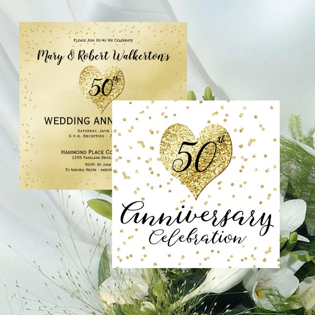 Convites Aniversário de 50 anos de Casamento com Confetes D (50th Anniversary Gold Confetti Wedding Invitation)