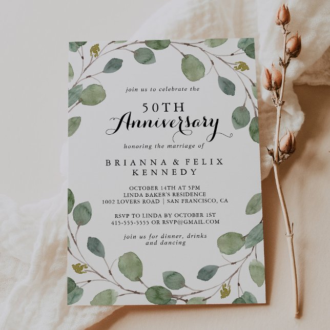 Convites Aniversário de 50 anos de casamento com eucalipto  (Criador carregado)