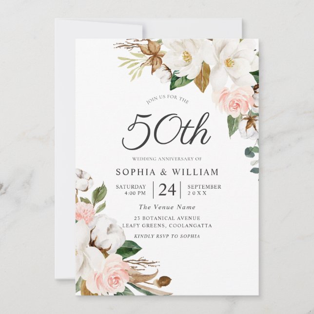 Convites Aniversário de 50 anos de casamento com Flores Ros (Frente)