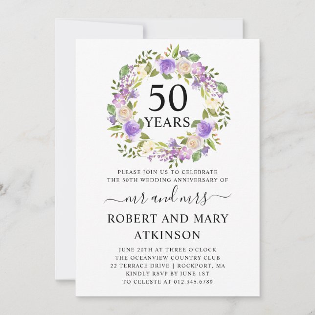 Convites Aniversário de 50 anos de casamento com flores rox (Frente)
