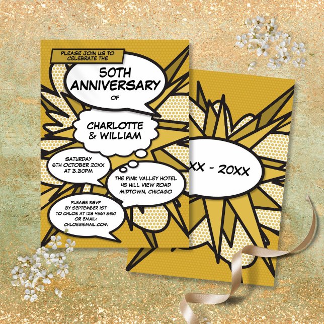 Convites Aniversário de 50 anos de Casamento Comic Book Pop (50th Golden Wedding Anniversary Comic Book Pop Invitation)