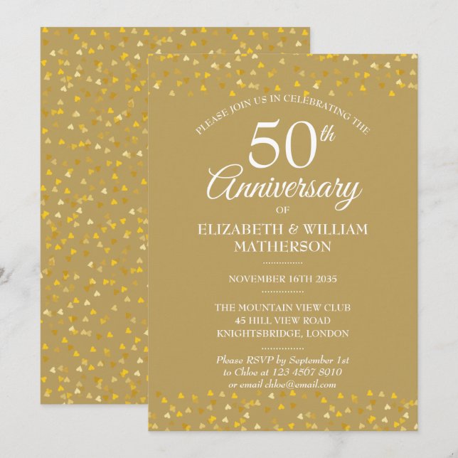 Convites Aniversário de 50 anos de Casamento Corações Doura (Frente/Verso)