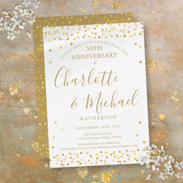 Convites Aniversário de 50 anos de Casamento Corações Doura (50th Wedding Anniversary Golden Hearts Signature Invitation)