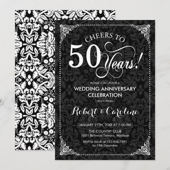 Convites Aniversário de 50 anos de Casamento - Damask Preto (Frente/Verso)