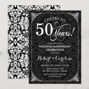 Convites Aniversário de 50 anos de Casamento - Damask Preto
