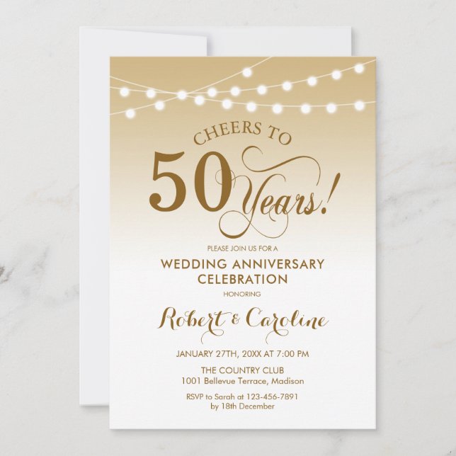 Convites Aniversário de 50 anos de Casamento - Dourado Bran (Frente)