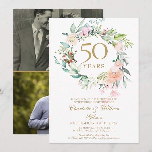 Convites Aniversário de 50 anos de casamento dourado floral (Frente/Verso)