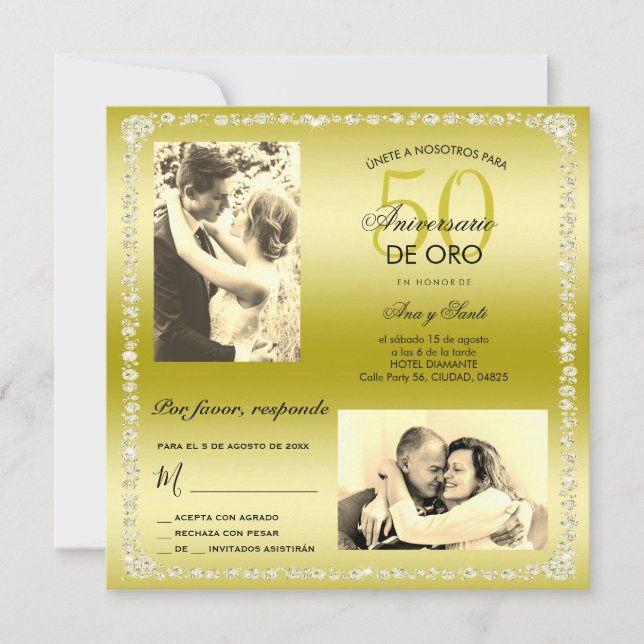 Convites Aniversário de 50 Anos de Casamento Dourado Foto D (Frente)