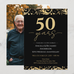 Convites Aniversário de 50 anos de Casamento Dourado Preto