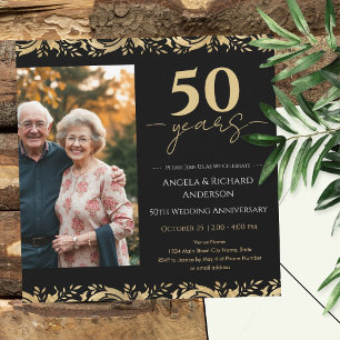 Convites Aniversário de 50 anos de Casamento Dourado Preto