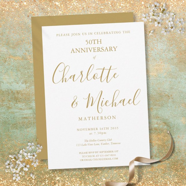 Convites Aniversário de 50 anos de Casamento Elegante Assin (50th Wedding Anniversary Elegant Golden Signature Invitation)
