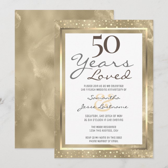 Convites Aniversário de 50 anos de casamento elegante ouro (Frente/Verso)