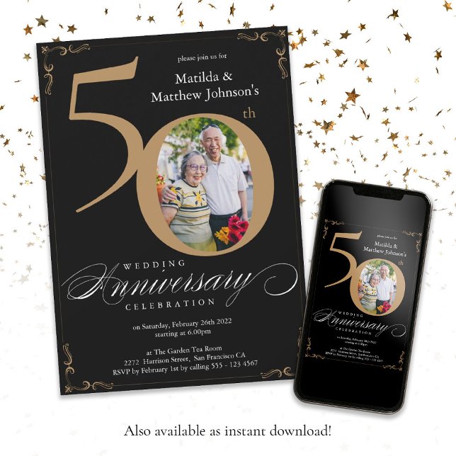 Convites Aniversário de 50 anos de casamento em Caligrafia  (Black Gold Calligraphy 50th Wedding Anniversary Invitation)